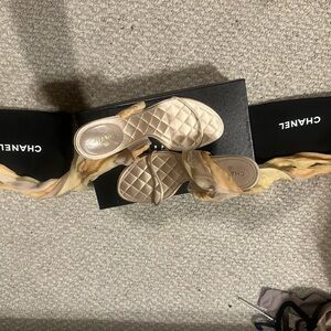 CHANEL Quilted Satin Slide Sandals in Cream and Yellow